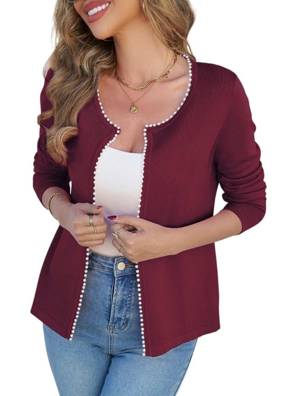 Women's Burgundy Lightweight Open Front Sweater Cardigan Pearls Trim Knit Jacket